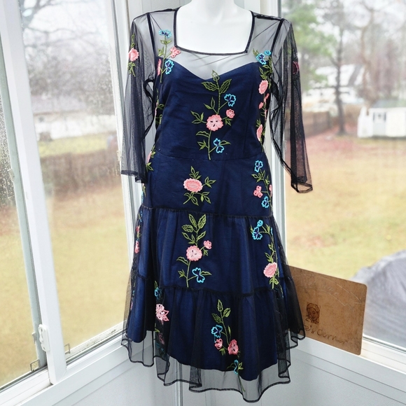 Wayward Fancies Floral Embroidery Black Sheer Tiered Tulle & Blue Dupioni Dress - Picture 3 of 16